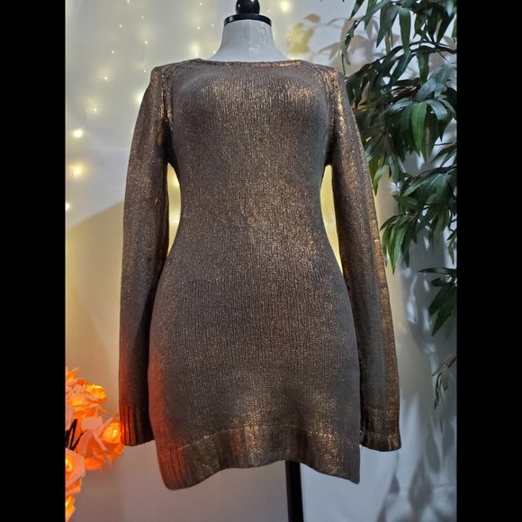 Gypsy 05 Copper Metallic Knit Fitted Long Sleeve Sweater Dress Women's Size M - Picture 6 of 9